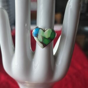 925 Sterling Silver Green Dahlia Heart-Shaped Ring~Sz 9
